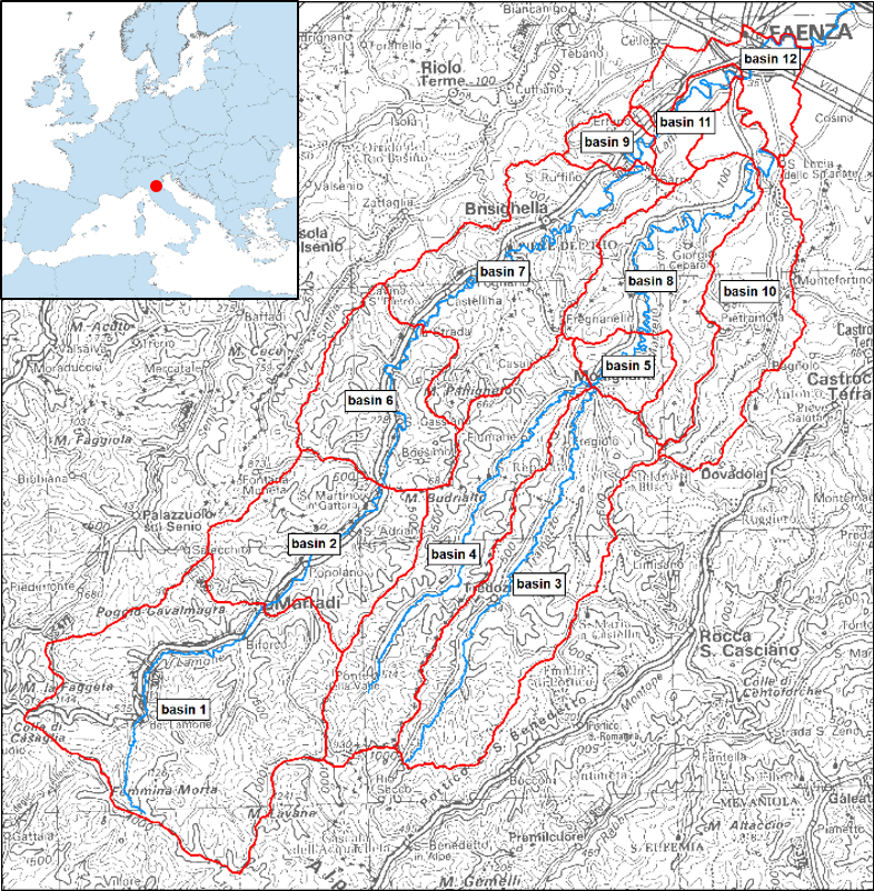 Map of Lamone river sub-catchments